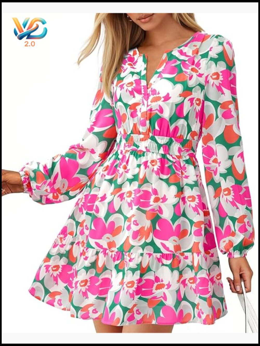 Mini Long Sleeve A-Line Dress with Pockets V-Neck - Picture 1 of 7